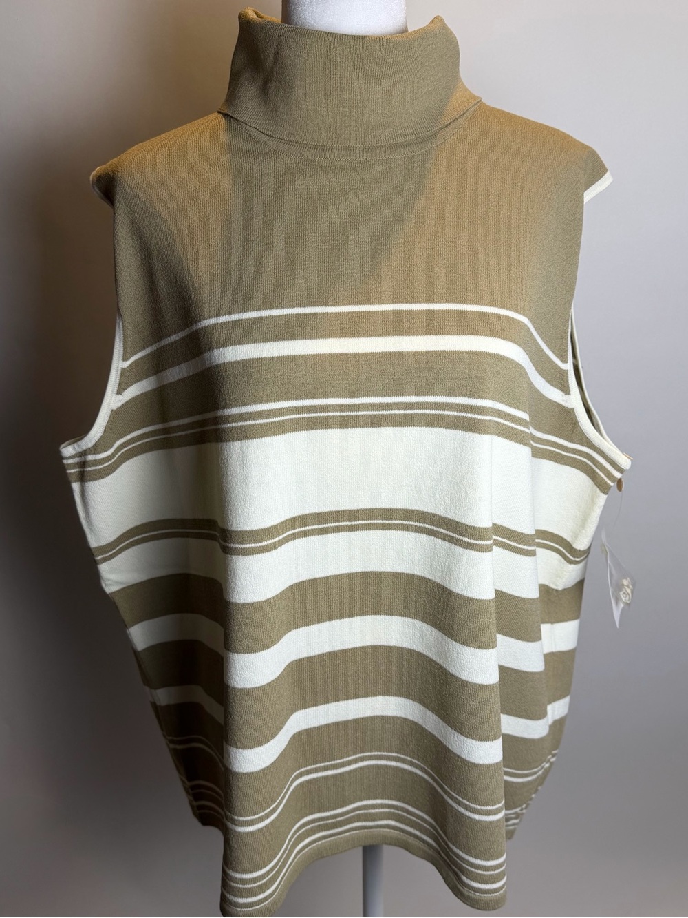 Vintage Rafaella Cream & Tan Striped Sleeveless Turtleneck Top